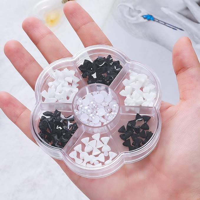 3D Nail Art Charms Ornaments Decoration Bow Sticker Pearl Nails Accessories Sticker Black White Nail Art Ornaments for Women Girls Nail Studio